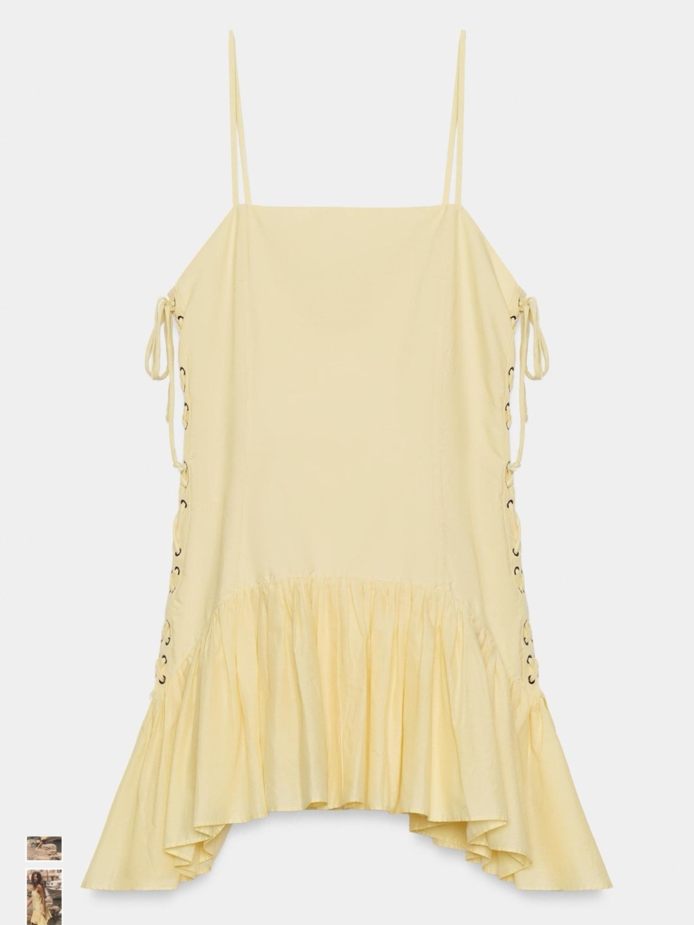 Pale Yellow Spaghetti Strap Ruffle Dress with Side Lace-Up